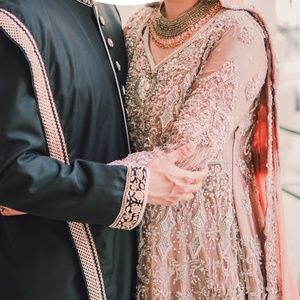 Indian Pakistani Bridal Wedding Long Gown Dress in Light Pink and Peach Pink